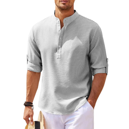 Men's Linen Stand Collar Shirt Relaxed Fit Casual Button Front Top