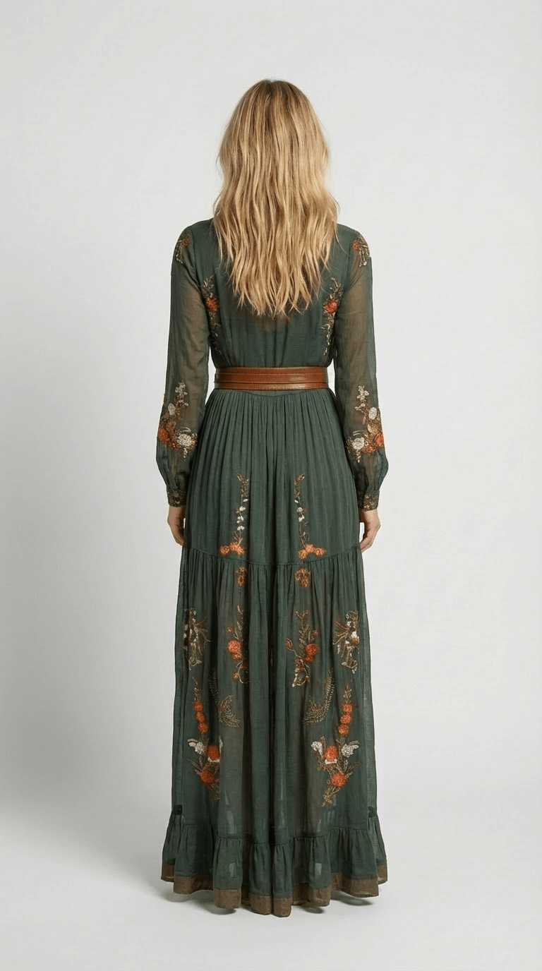 Elegant maxi-kjole med boheme-print og bindebånd i taljen
