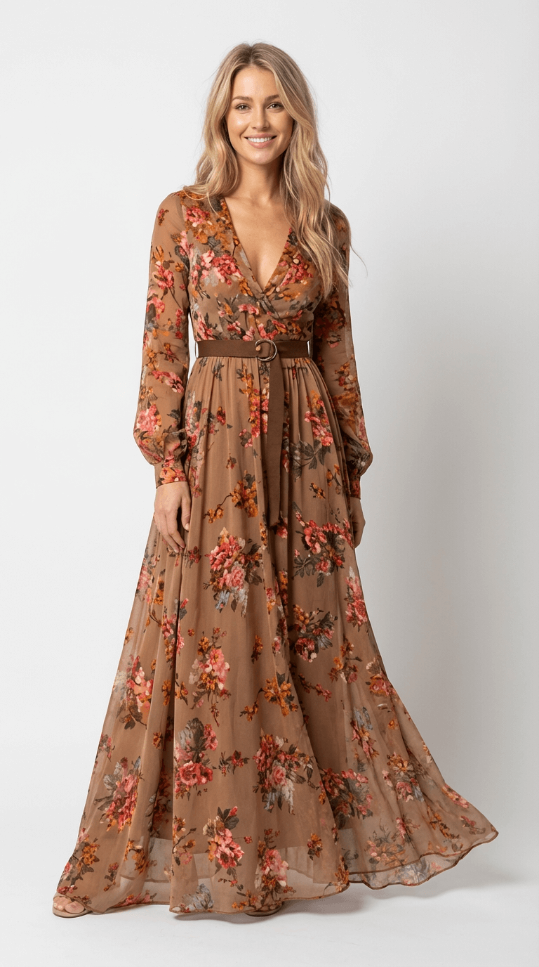 Elegant maxi-kjole med boheme-print og bindebånd i taljen