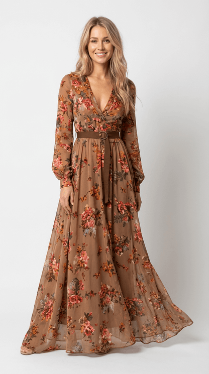 Elegant maxi-kjole med boheme-print og bindebånd i taljen