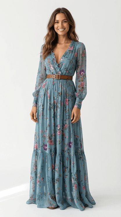Elegant maxi-kjole med boheme-print og bindebånd i taljen