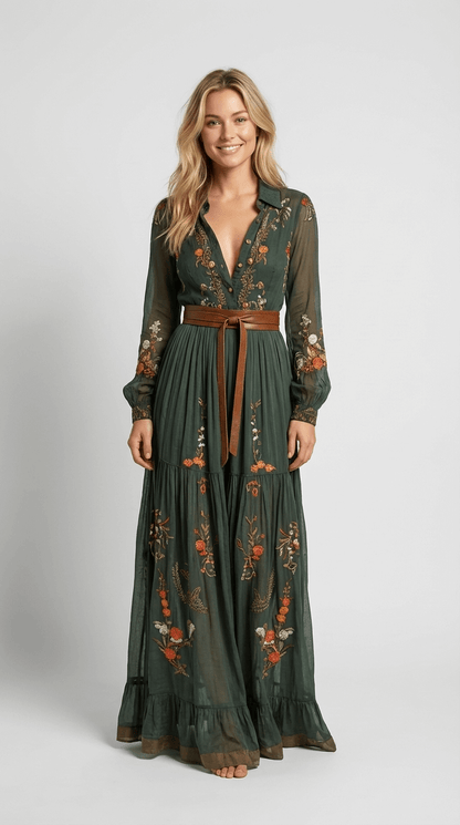 Elegant maxi-kjole med boheme-print og bindebånd i taljen