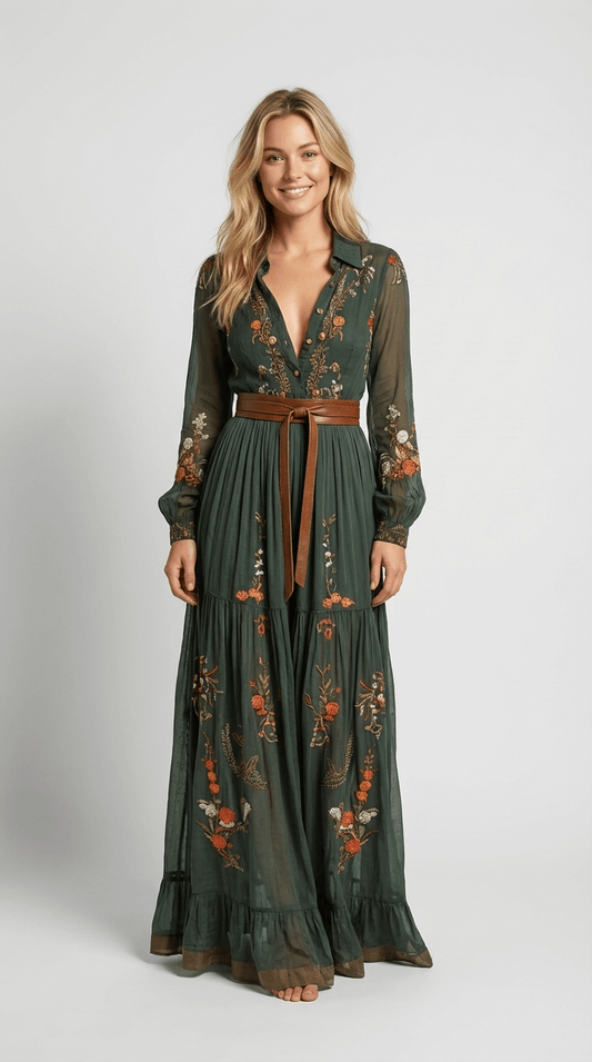 Elegant maxi-kjole med boheme-print og bindebånd i taljen