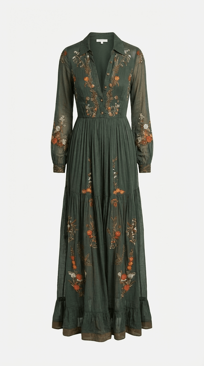 Elegant maxi-kjole med boheme-print og bindebånd i taljen