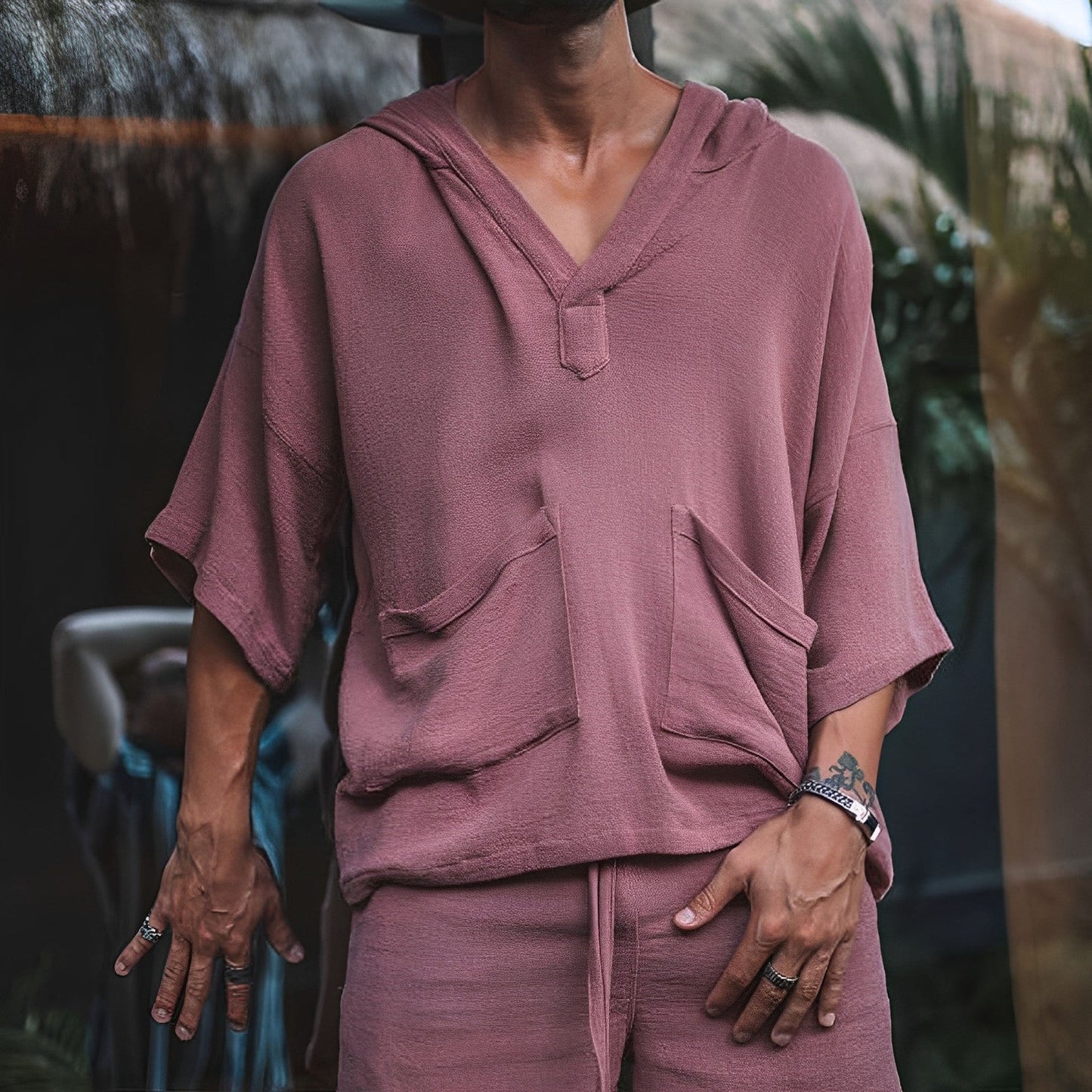 Men’s Bali Boho Two-Piece Set | Shirt & Shorts-Dark Pink-M-State of Style