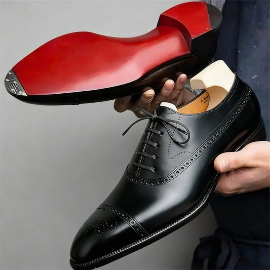 Men's Cap Toe Oxford Shoes with Brogue Perforation Detail and Lace Up Closure