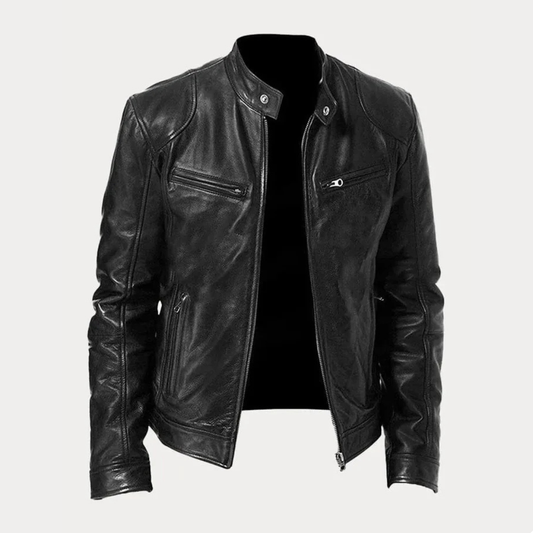 Men's Faux Leather Jacket with Stand Collar and Multi-Zip Pocket Detail