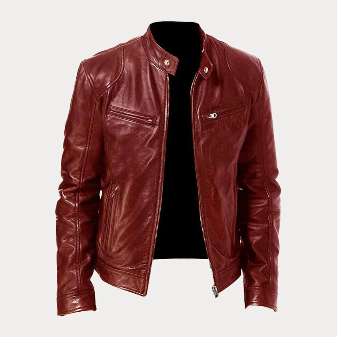 Men's Faux Leather Jacket with Stand Collar and Multi-Zip Pocket Detail