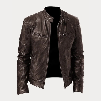 Men's Faux Leather Jacket with Stand Collar and Multi-Zip Pocket Detail