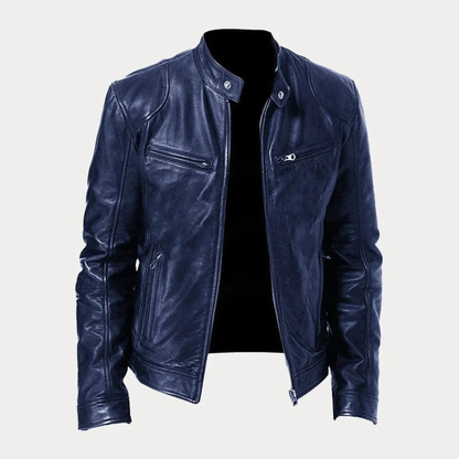 Men's Faux Leather Jacket with Stand Collar and Multi-Zip Pocket Detail