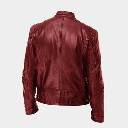Men's Faux Leather Jacket with Stand Collar and Multi-Zip Pocket Detail