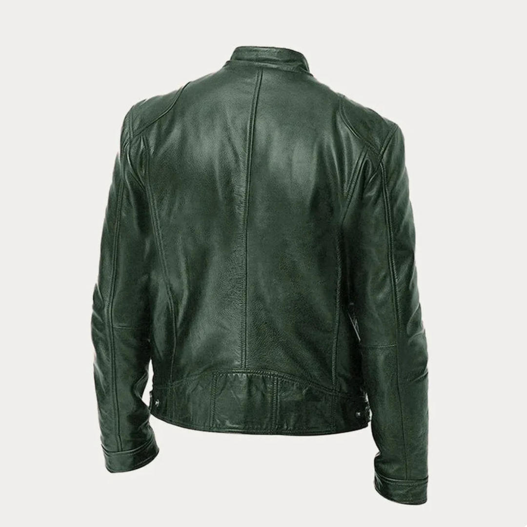 Men's Faux Leather Jacket with Stand Collar and Multi-Zip Pocket Detail