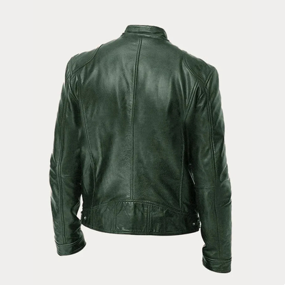 Men's Faux Leather Jacket with Stand Collar and Multi-Zip Pocket Detail