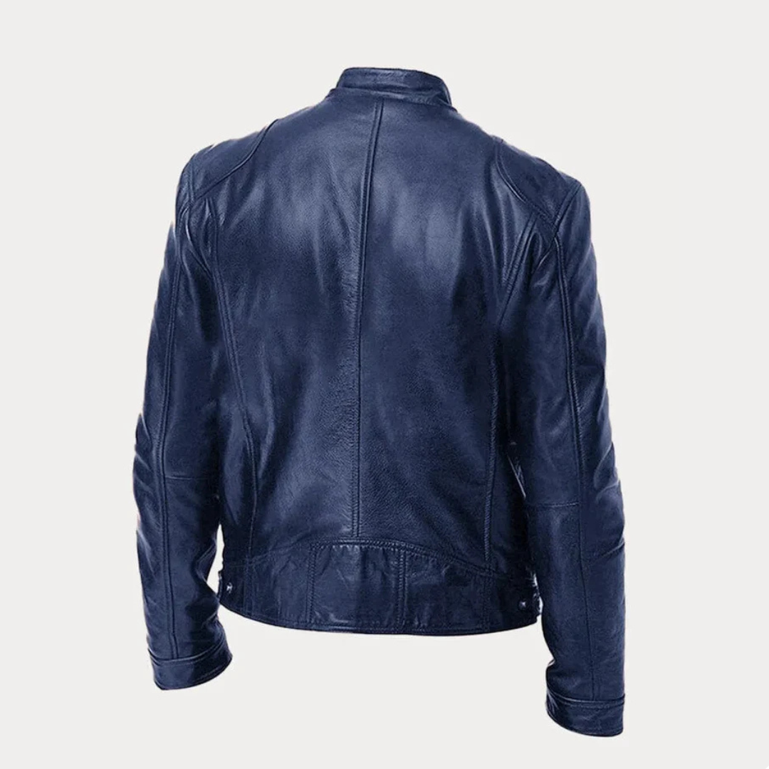 Men's Faux Leather Jacket with Stand Collar and Multi-Zip Pocket Detail