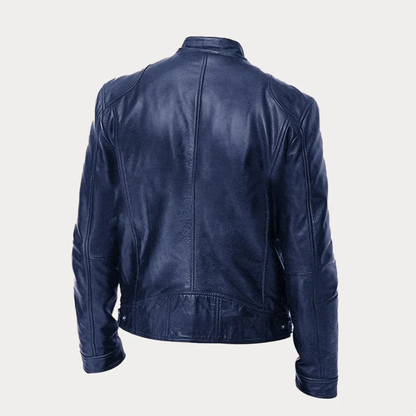 Men's Faux Leather Jacket with Stand Collar and Multi-Zip Pocket Detail