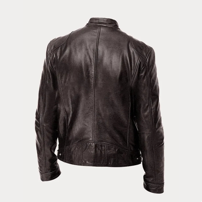 Men's Faux Leather Jacket with Stand Collar and Multi-Zip Pocket Detail