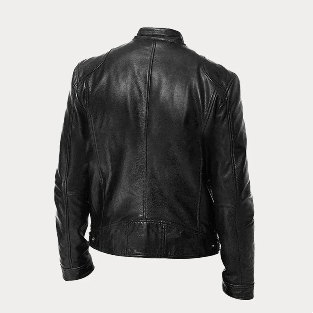 Men's Faux Leather Jacket with Stand Collar and Multi-Zip Pocket Detail