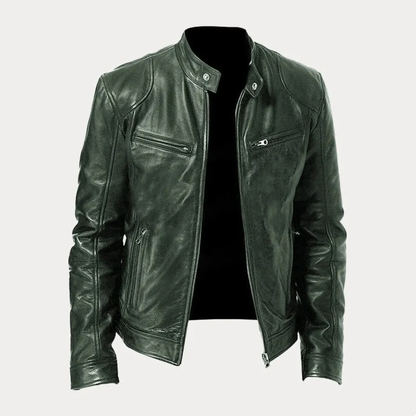 Men's Faux Leather Jacket with Stand Collar and Multi-Zip Pocket Detail