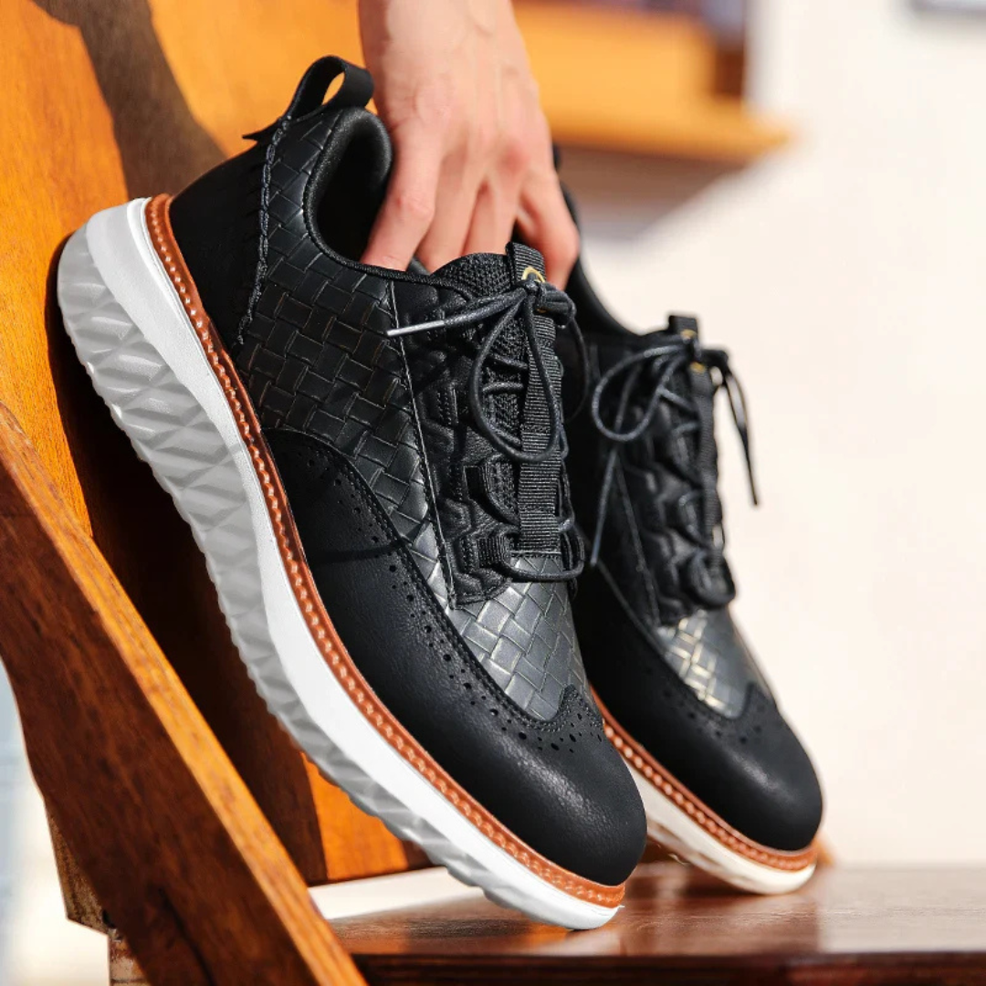 Men's Lace-Up Sneakers with Woven Upper Panel and Brogue Perforation Detail