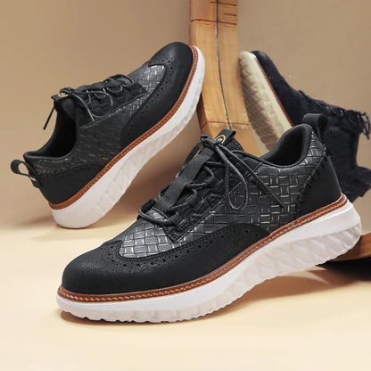 Men's Lace-Up Sneakers with Woven Upper Panel and Brogue Perforation Detail