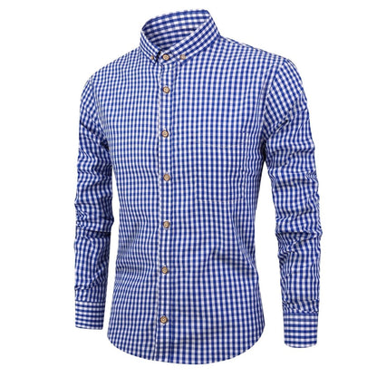 Men's Long Sleeve Gingham Check Shirt with Button-Down Collar and Chest Pocket