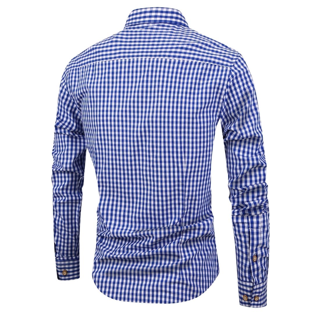 Men's Long Sleeve Gingham Check Shirt with Button-Down Collar and Chest Pocket