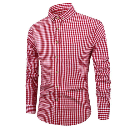 Men's Long Sleeve Gingham Check Shirt with Button-Down Collar and Chest Pocket