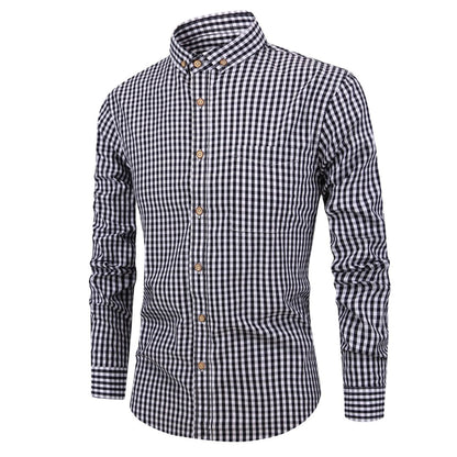 Men's Long Sleeve Gingham Check Shirt with Button-Down Collar and Chest Pocket