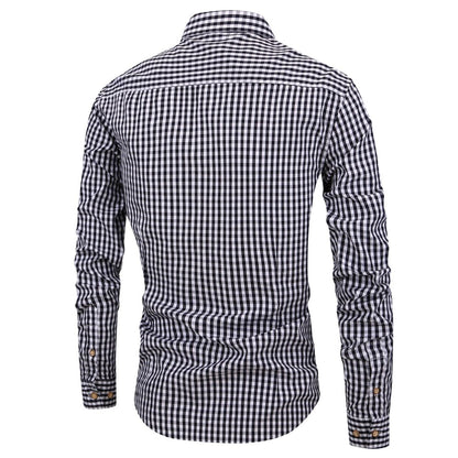 Men's Long Sleeve Gingham Check Shirt with Button-Down Collar and Chest Pocket