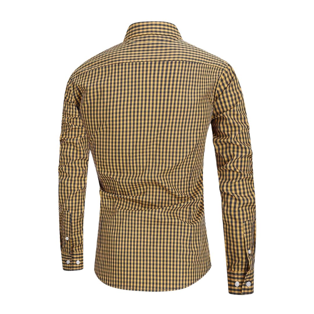 Men's Long Sleeve Gingham Check Shirt with Button-Down Collar and Chest Pocket