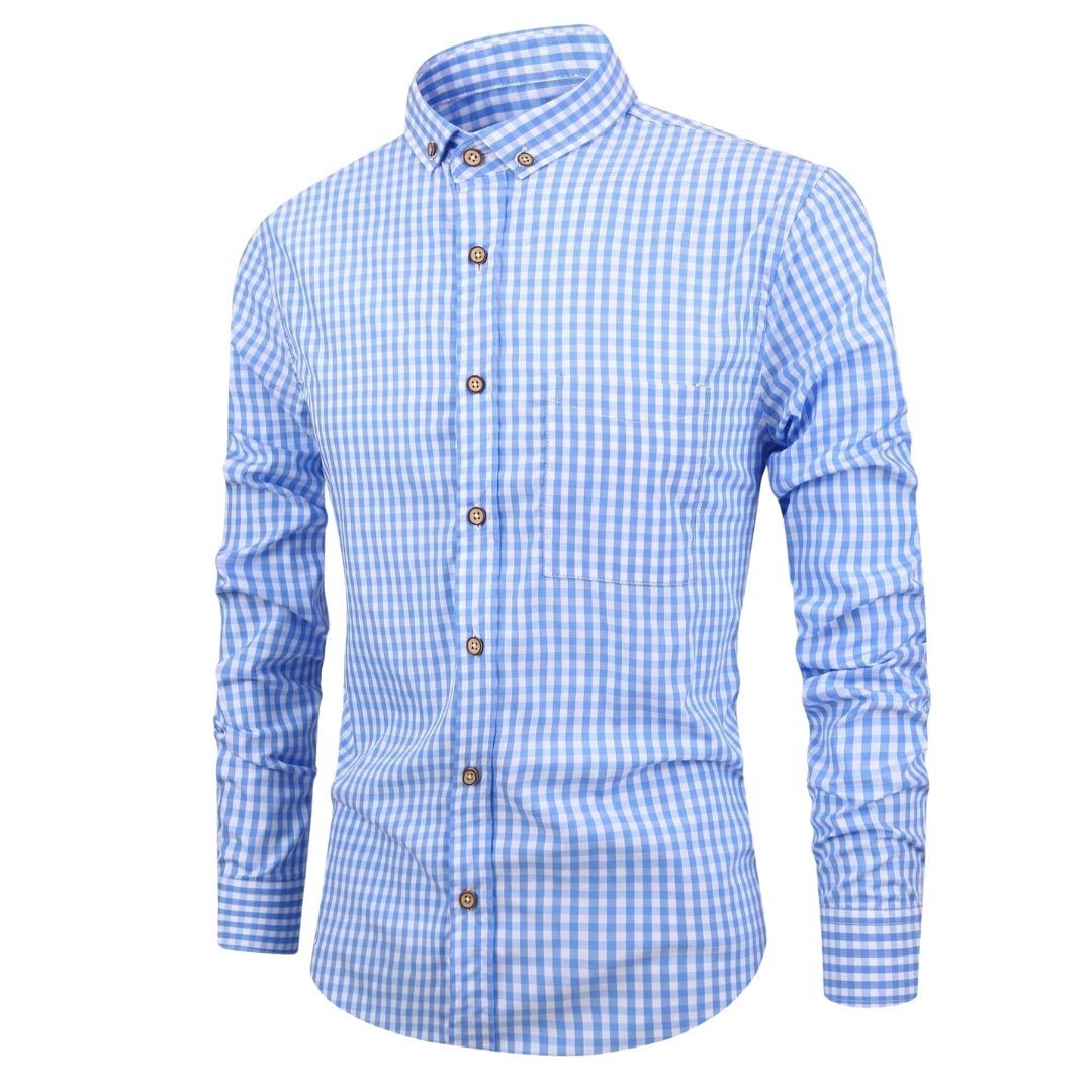 Men's Long Sleeve Gingham Check Shirt with Button-Down Collar and Chest Pocket