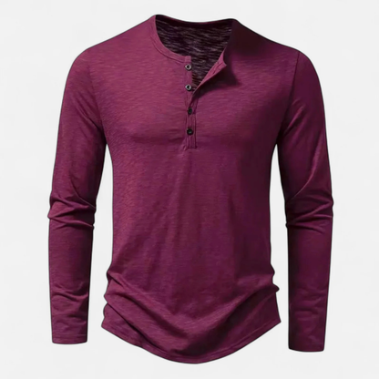 Men's Long Sleeve Henley Top with Button Placket and Curved Hem