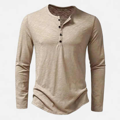 Men's Long Sleeve Henley Top with Button Placket and Curved Hem