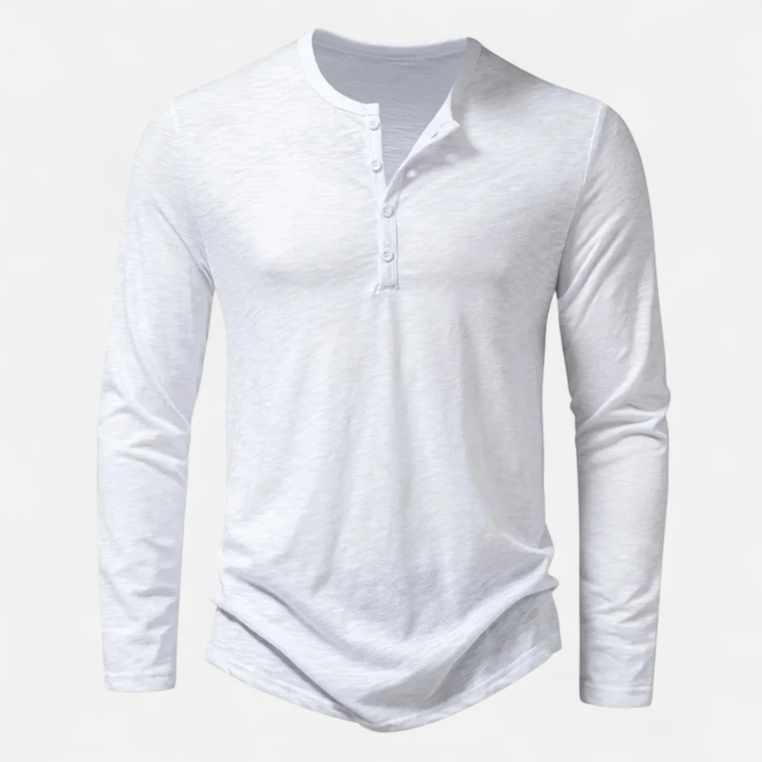 Men's Long Sleeve Henley Top with Button Placket and Curved Hem