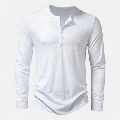 Men's Long Sleeve Henley Top with Button Placket and Curved Hem