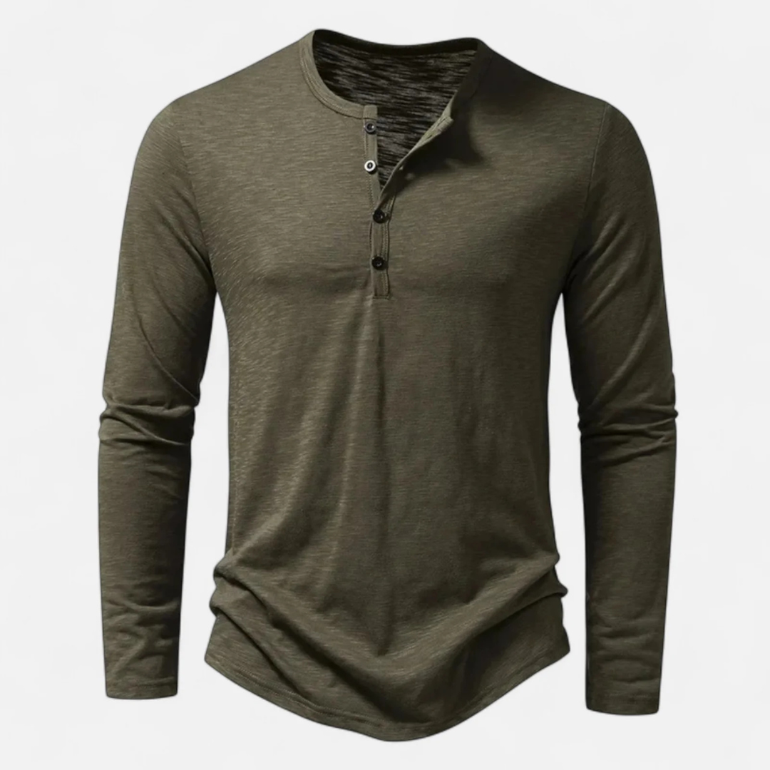 Men's Long Sleeve Henley Top with Button Placket and Curved Hem
