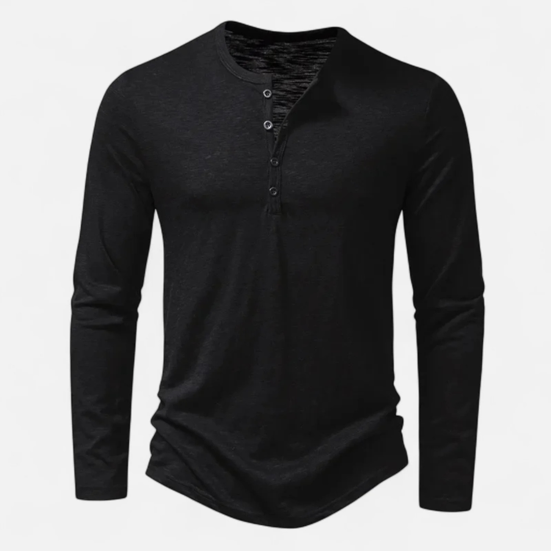 Men's Long Sleeve Henley Top with Button Placket and Curved Hem