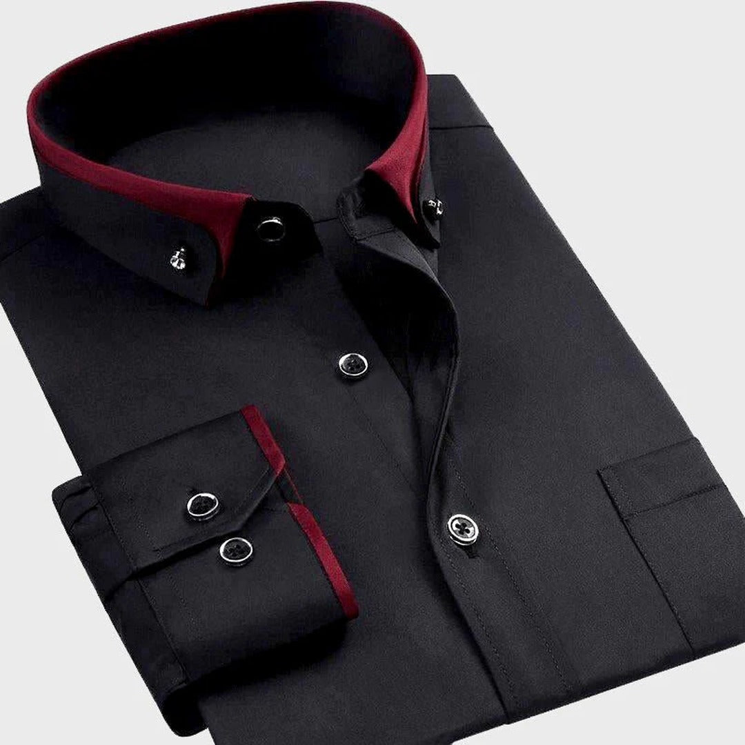 Men's Long Sleeve Shirt with Contrast Collar and Button Front Placket