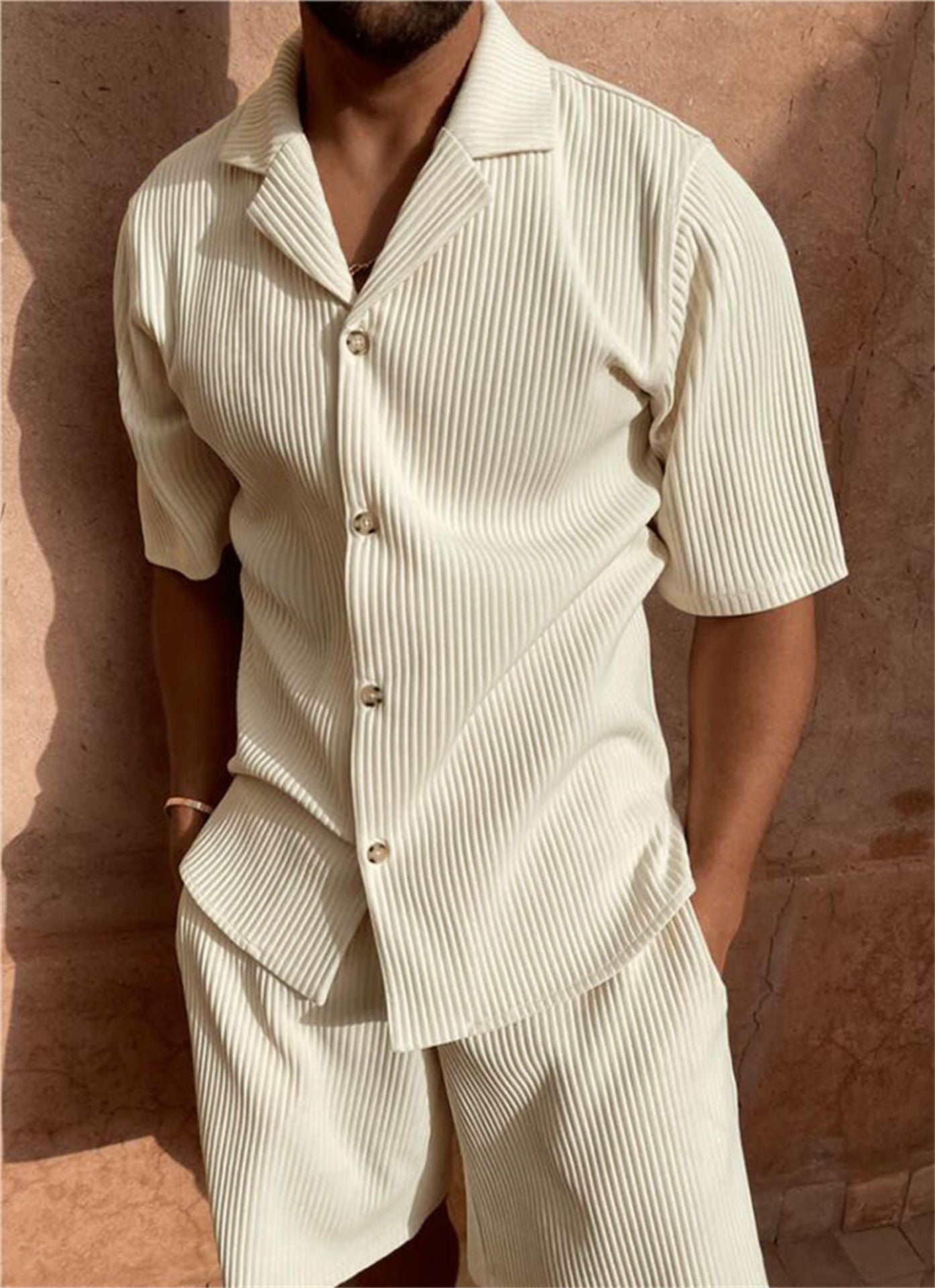 Baron – Men's Ribbed Button Up Shirt And Shorts Set