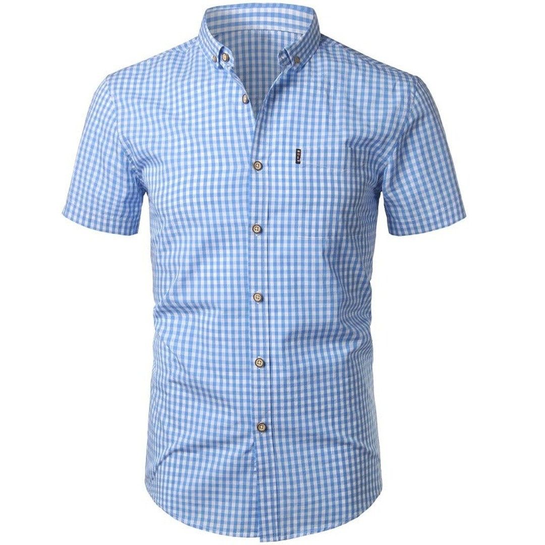 Men's Short Sleeve Checked Shirt with Button-Down Collar and Chest Pocket