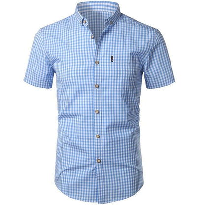 Men's Short Sleeve Checked Shirt with Button-Down Collar and Chest Pocket