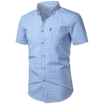 Men's Short Sleeve Checked Shirt with Button-Down Collar and Chest Pocket