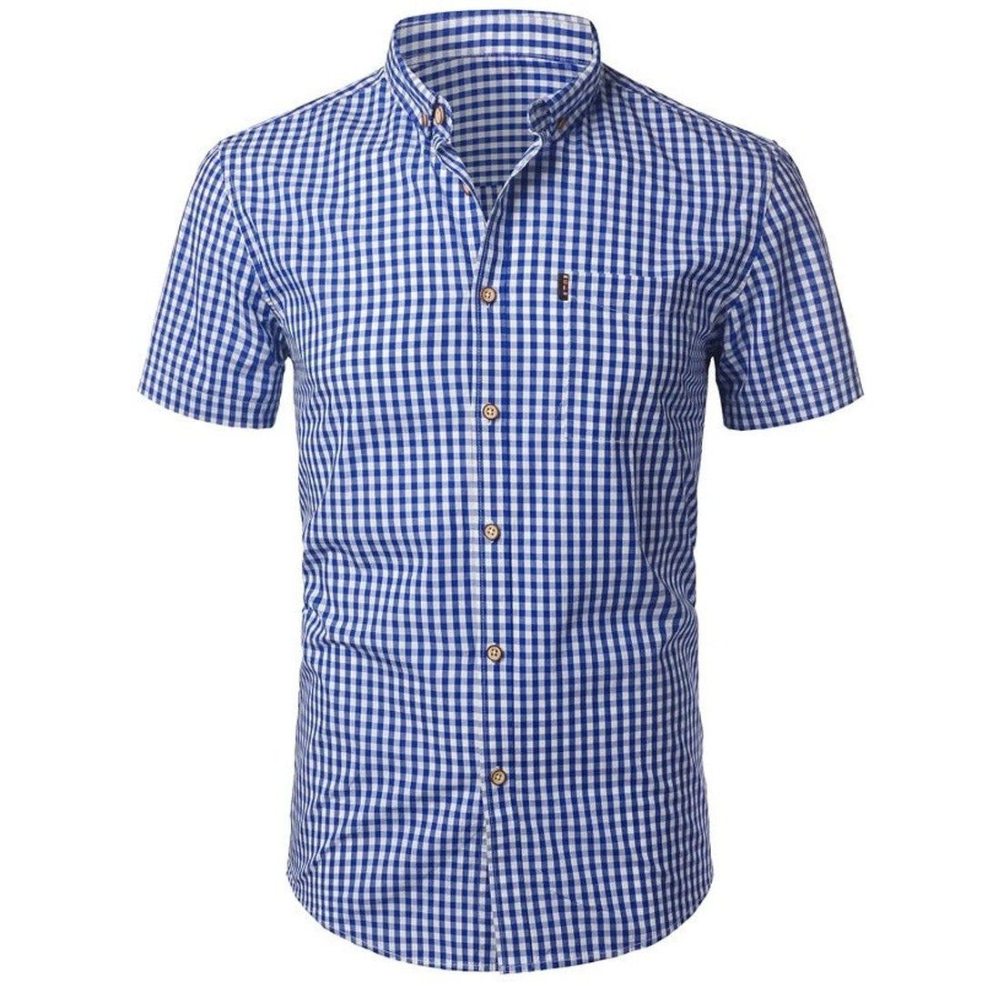 Men's Short Sleeve Checked Shirt with Button-Down Collar and Chest Pocket