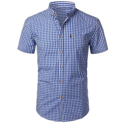 Men's Short Sleeve Checked Shirt with Button-Down Collar and Chest Pocket