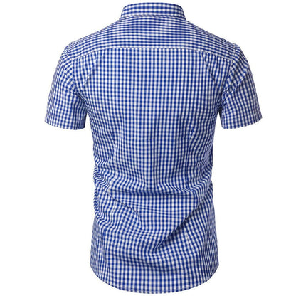 Men's Short Sleeve Checked Shirt with Button-Down Collar and Chest Pocket