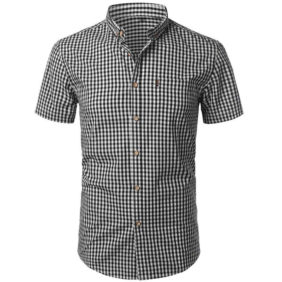 Men's Short Sleeve Checked Shirt with Button-Down Collar and Chest Pocket