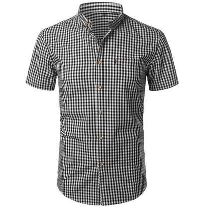 Men's Short Sleeve Checked Shirt with Button-Down Collar and Chest Pocket