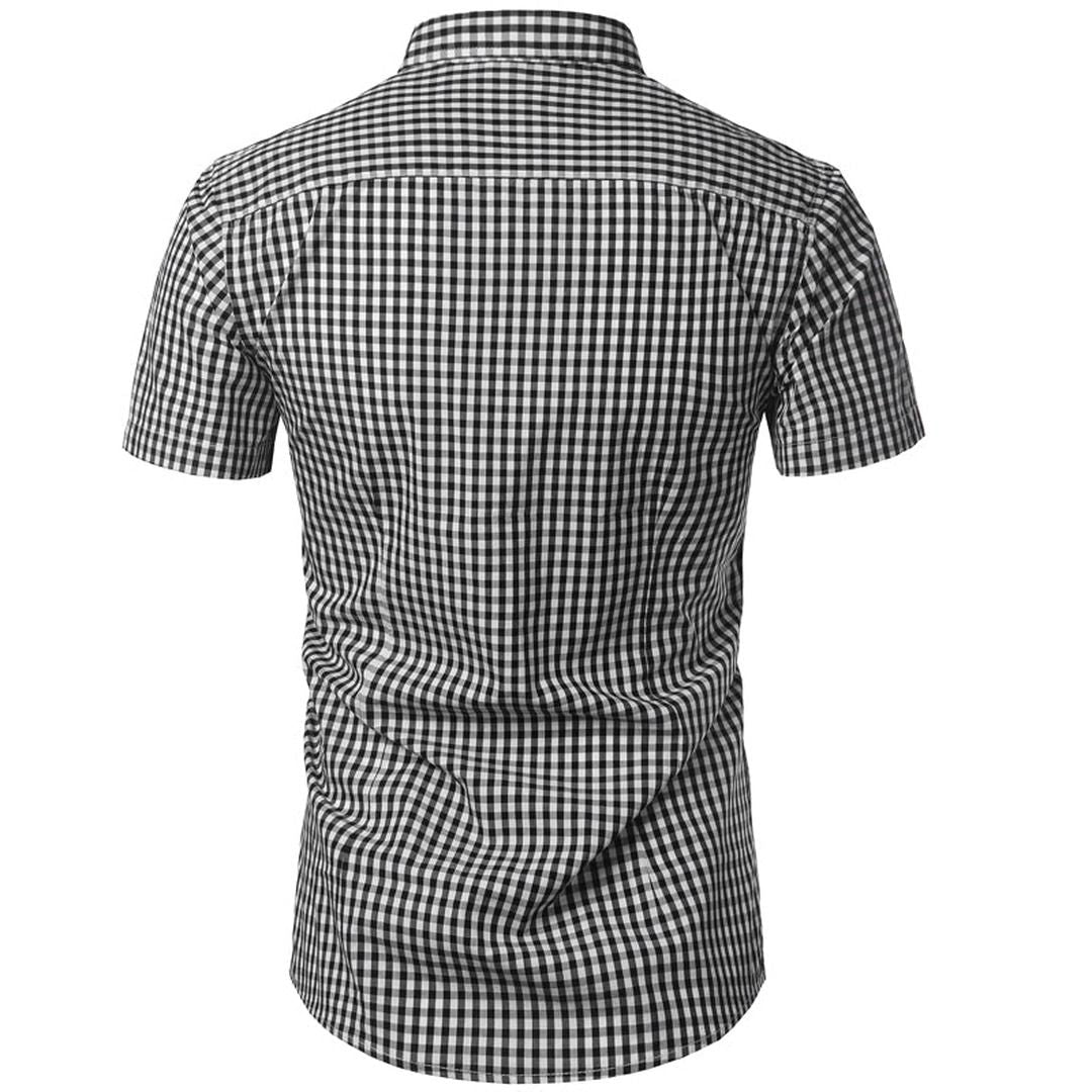 Men's Short Sleeve Checked Shirt with Button-Down Collar and Chest Pocket