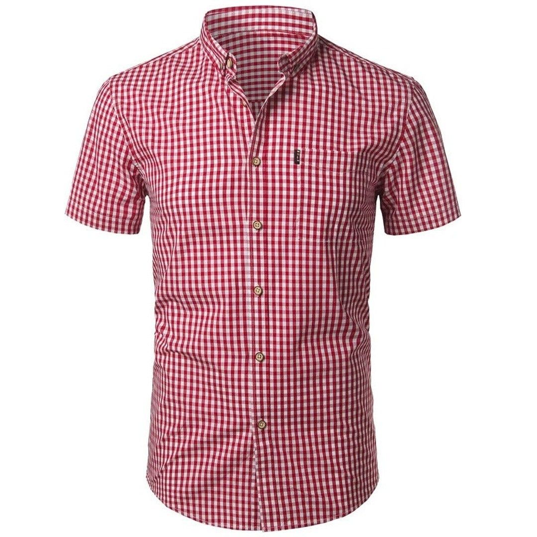 Men's Short Sleeve Checked Shirt with Button-Down Collar and Chest Pocket