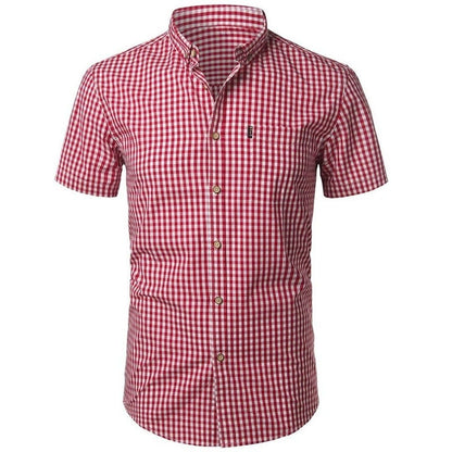 Men's Short Sleeve Checked Shirt with Button-Down Collar and Chest Pocket